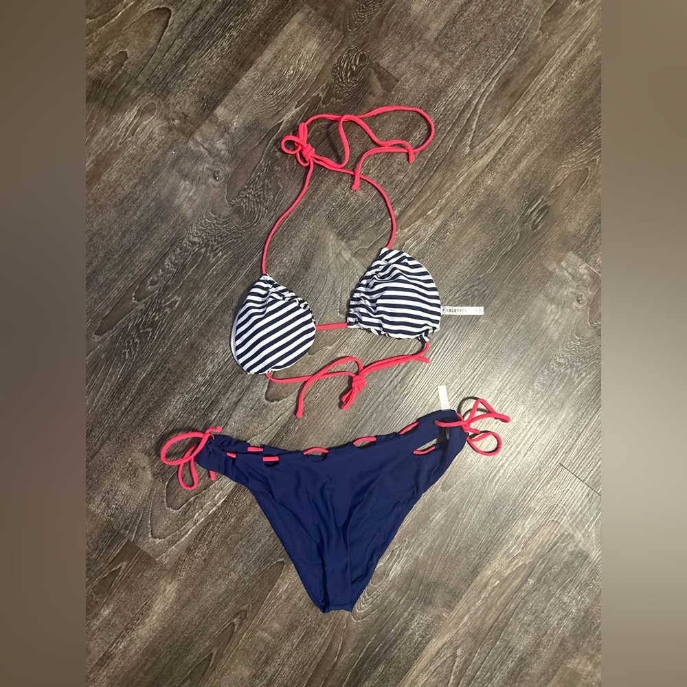 Fabletics Striped Bikini with Pink Accents